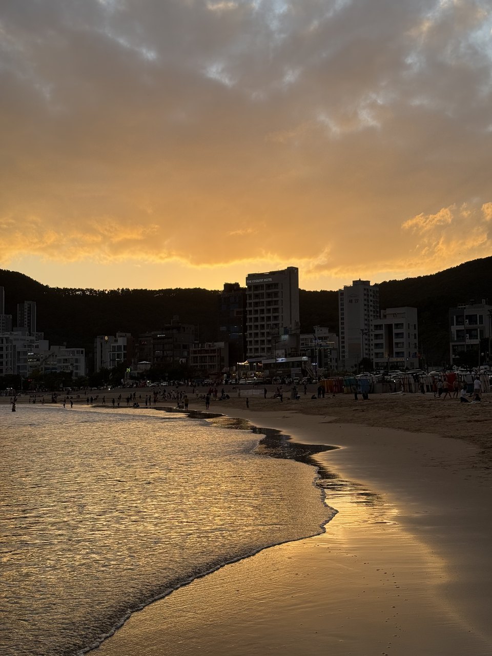 A beach at sunset with the tide running out, low sun across the water.