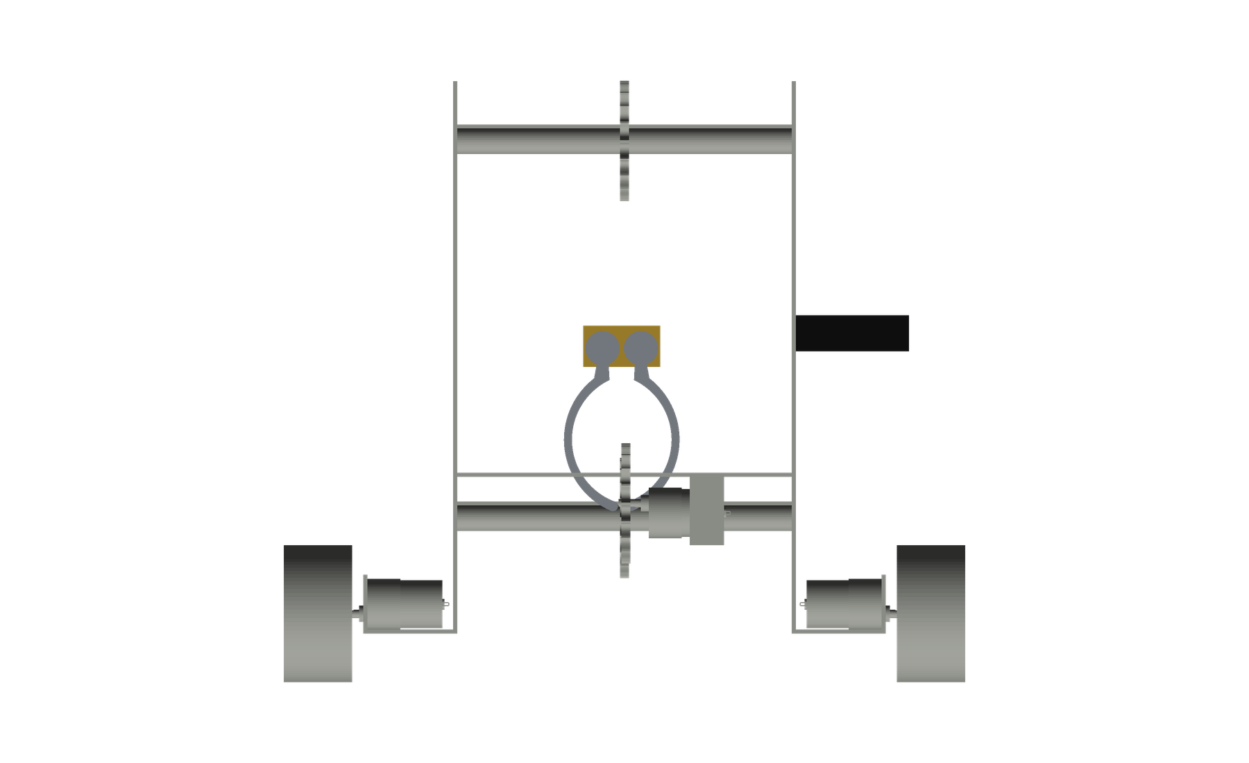 Front elevation render of the ROBONEXUS robot showing the wheel track, drive motors, chain loop and a claw hanging from it.