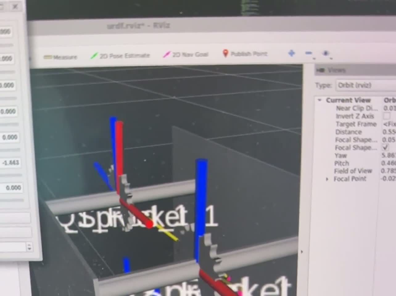 The robot simulation running, with coordinate frames and a planned path displayed.